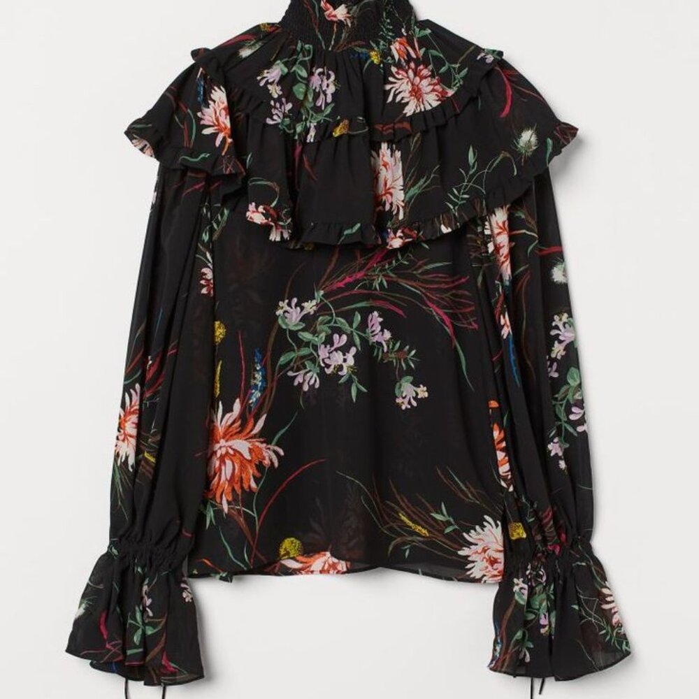 Black w/Flowers Ruffle-trimmed Chiffon Blouse H&M